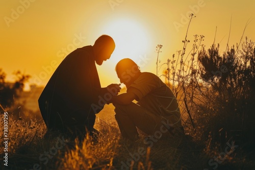 A tranquil scene of the Good Samaritan helping the injured man by the roadside, emphasizing compassion and brotherhood under a setting sun. photo