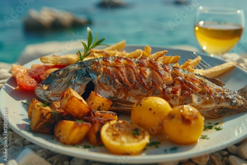 An outdoor restaurant table is adorned with a delicious plate of seafood, featuring succulent fish and perfectly cooked potatoes, topped with a squeeze of tangy lemon and surrounded by a variety of m photo