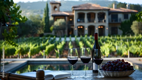 an elegant wine tasting event set in a sophisticated vineyard estate, with sommeliers pouring rare vintages and guests savoring gourmet pairings amidst scenic vineyard landscapes.