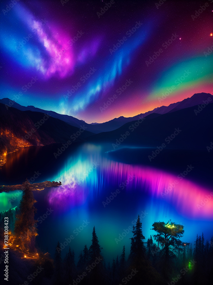 Fototapeta premium fantasy landscape with aurora, quiet paradise, fantastic world, mystery lake, wallpaper for Cell Phone, Smartphone, Cellphone, Computer and Tablet, Wall Art for Home Decor
