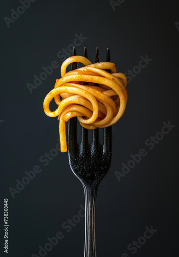 Minimal food concept, pasta, long spaghetti rolled on a fork on a black background, pasta fine dining.