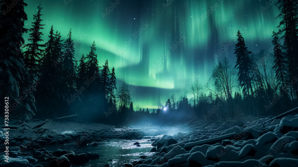 Aurora borealis, northern lights over the river in winter forest. 