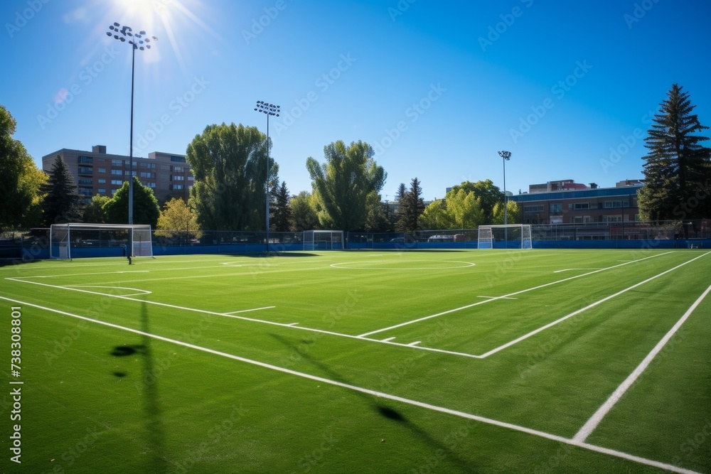 Artificial turf soccer field with goal, lush green grass for recreational and competitive play