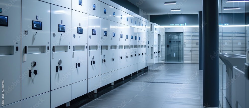 Electronic lockers with white access control in a public space, similar to a changing room wardrobe.