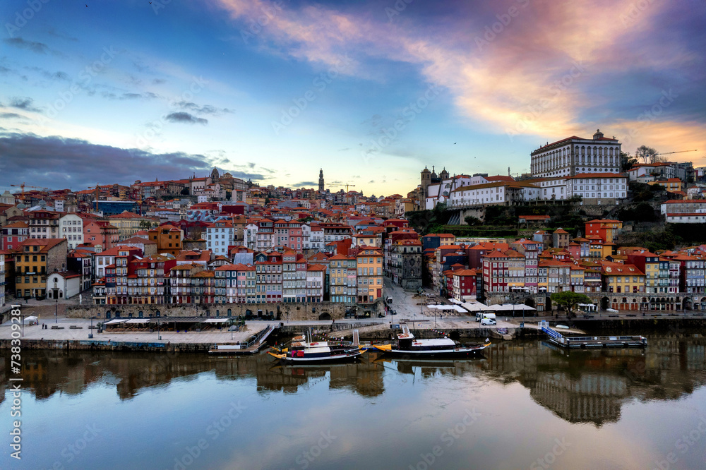 Porto, Portugal, the Douro River, and Dom Luis Bridge during a beautiful sunrise