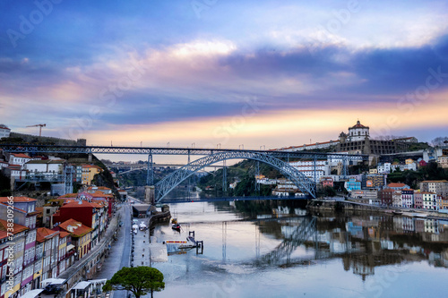 Porto  Portugal  the Douro River  and Dom Luis Bridge during a beautiful sunrise