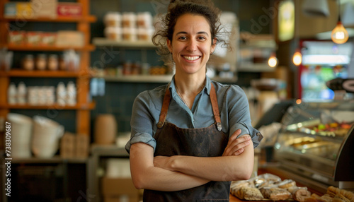 Happy female store owner at cafe or grocery with arms crossed