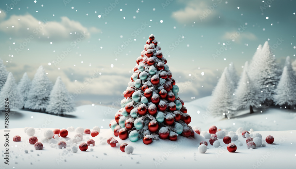 Snow covered winter tree in a festive forest celebration generated by AI