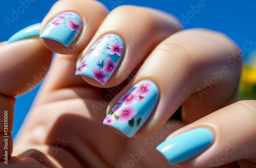 Nail design idea with square shape, pastel blue and pink tones.