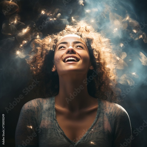 A woman with beautiful lights above her head, showing a good idea. Smiling Girl with light rays around her, the concept of bright ideas. A happy lady with a good thought in her mind.