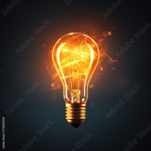 Yellow lightbulb closeup. 3D render of a light bulb that illuminates with warm light. Idea concept. The symbol for a new bright idea. Conceptual render of a lamp with a custom design and vivid light.