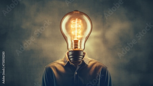 Man with a lightbulb instead of his head. Concept of a good idea. Bright thoughts and ideas concept. 3d render of a light bulb instead of a head. Guy with a glowing lamp that represents thought.