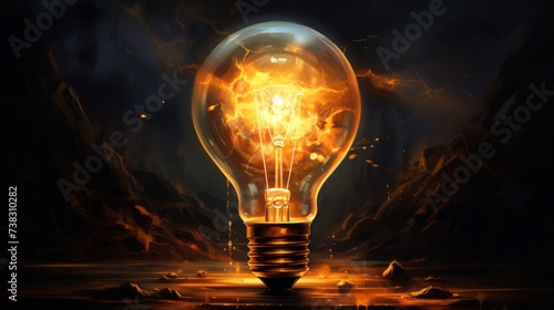 Yellow lightbulb closeup. 3D render of a light bulb that illuminates with warm light. Idea concept. The symbol for a new bright idea. Conceptual render of a lamp with a custom design and vivid light.