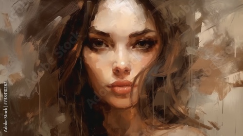 Portrait of a beautiful sensual girl with long brown hair a painted by oil. Digital painting art. Oil portrait of an Attractive face of an young woman with long wavy hair. Sensual young lady.