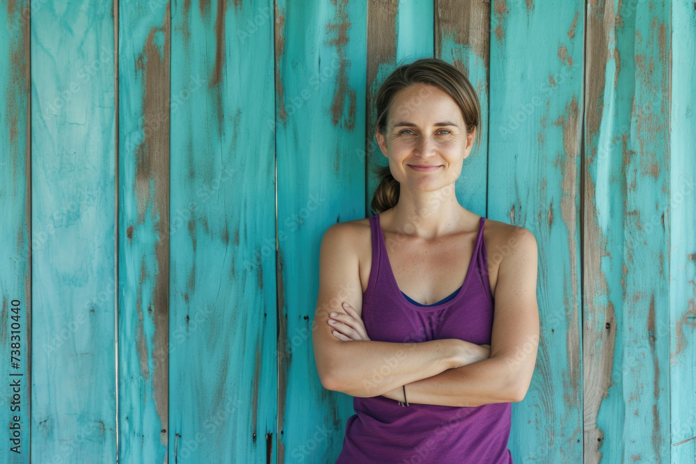 Fototapeta premium Woman standing in front of wooden wall. Suitable for various uses