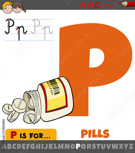 letter P from alphabet with cartoon pills medicine object