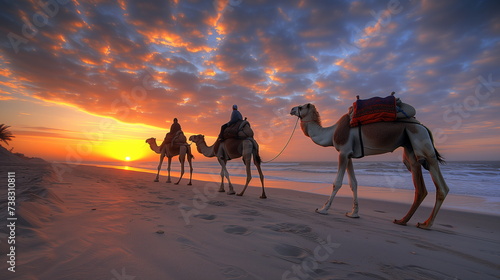 Camels and riders on a sandy beach at sunset  with the orange sky reflecting on the water.