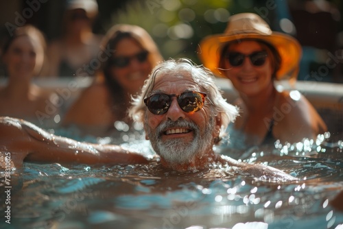 A lively group of friends, with faces hidden behind sunglasses and goggles, enjoy a refreshing dip in the crystal-clear water of the outdoor swimming pool, relishing the fun and freedom of bathing in