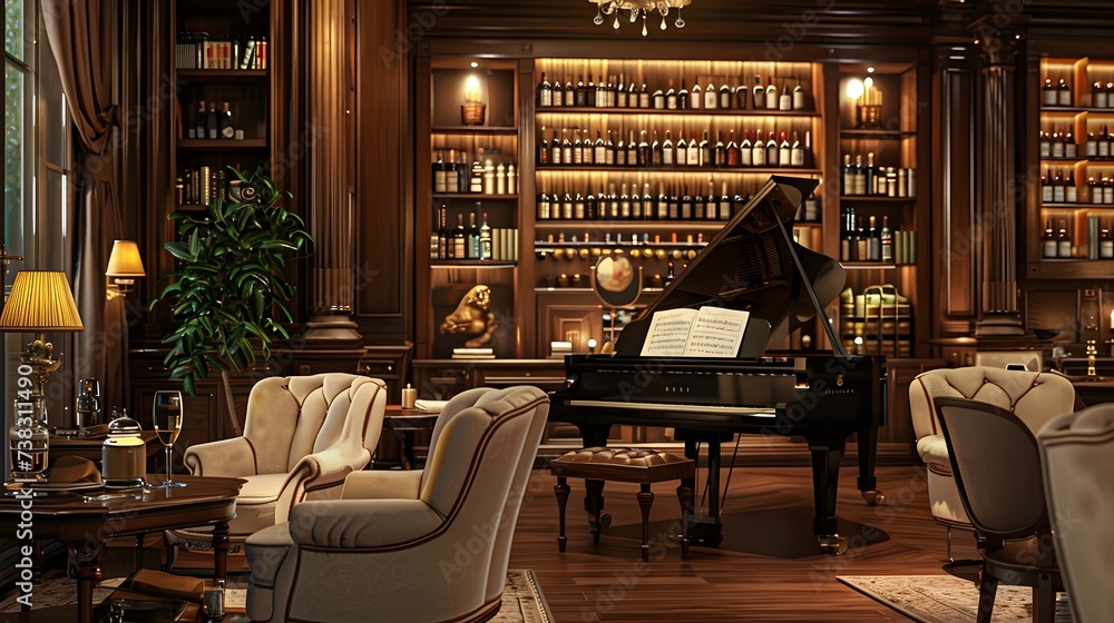 An upscale restaurant lounge area, featuring plush, oversized armchairs, a grand piano, a mahogany bookcase filled with vintage wine bottles, and soft, jazz music playing in the background