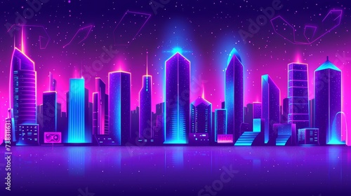 Vibrant neon cityscape with futuristic skyscrapers and dynamic light trails in a thriving metropolis