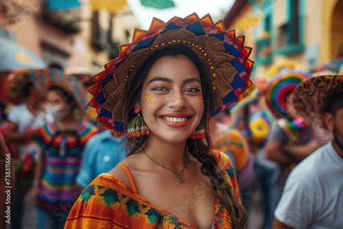 a woman wearing a hat and dress with bright Mexican festive colors, smiles brightly.