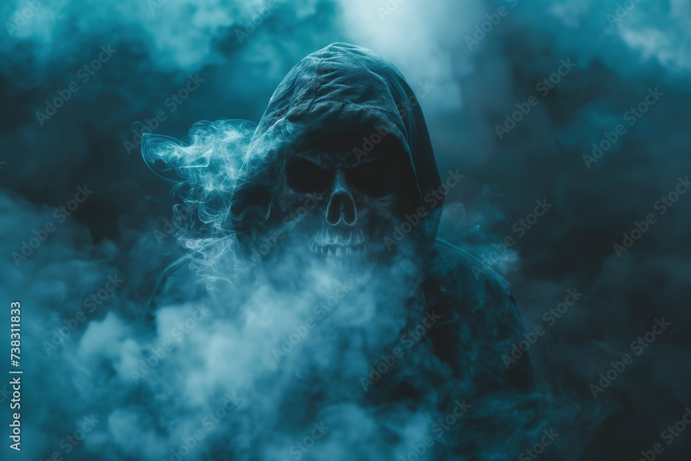 a hooded skull shrouded in smoke a hooded skull is surrounded by clouds of smoke in a dark and gloomy atmosphere. - obrazy, fototapety, plakaty 