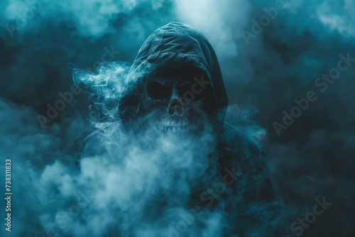 a hooded skull shrouded in smoke a hooded skull is surrounded by clouds of smoke in a dark and gloomy atmosphere. photo