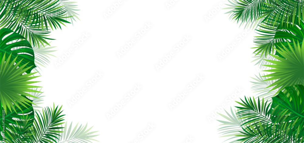 Amazon foliage vector background. tropical rainforest border frame with exotic tropic leaves, jungle plants and grass. Summer, travelling vacation card for textile print, invitation and promo designs