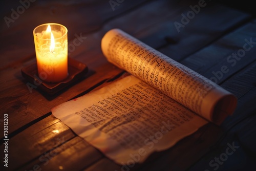 An ancient scroll unrolled on a wooden table, illuminated by candlelight, with visible Hebrew text.