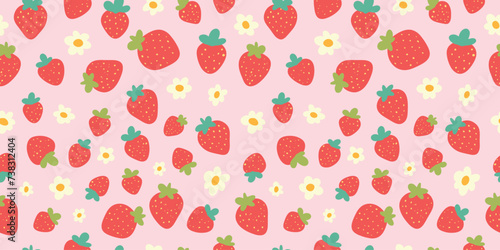 Strawberry Cute Pink Kawaii Nursery Seamless Vector Pattern 