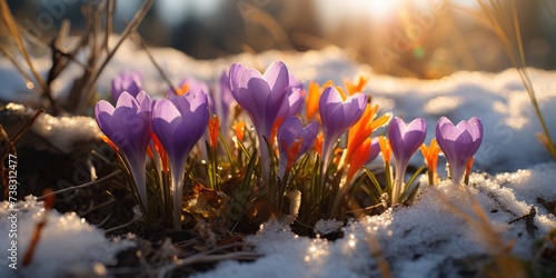 The first spring crocus under the snow, the beginning of spring, the eighth of March. Generative AI © 22_monkeyzzz
