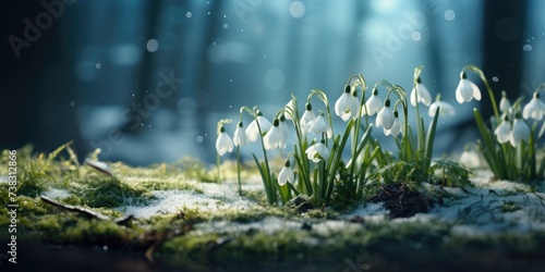 Snowdrops under the snow in the forest, first spring flowers in the rays of the sun