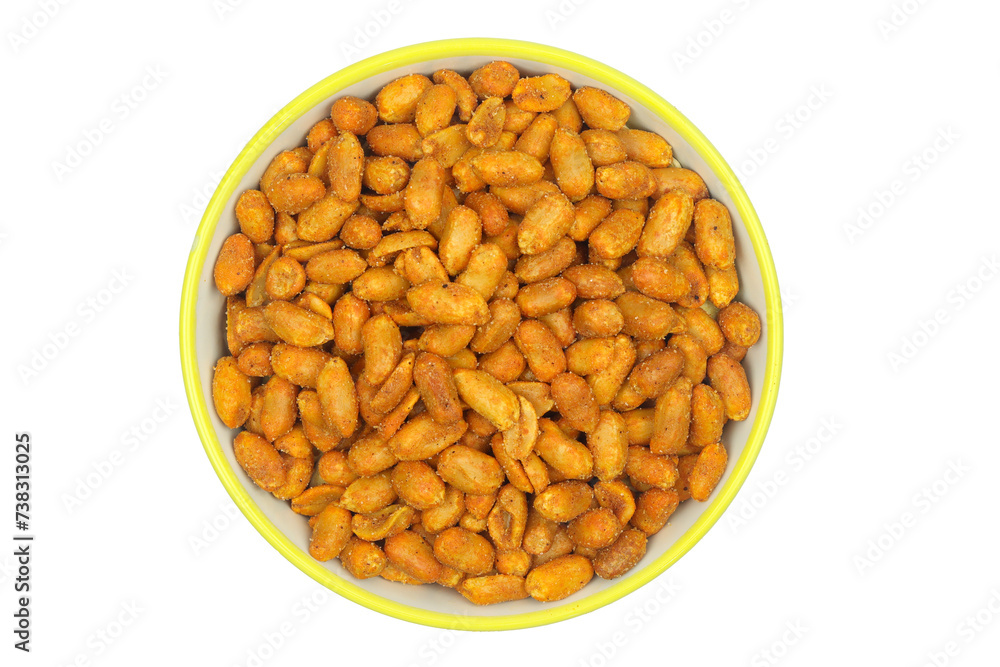 Bowl full of chilli flavour coated peanuts isolated on white background Bowl full of chilli flavour coated peanuts isolated on white background