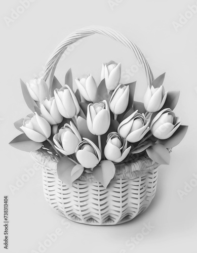 White tulips in wicker basket. Abstract 3D paper flowers. Beautiful romantic floral design.