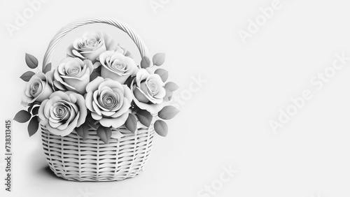 White roses in wicker basket isolated on white background with copy space. Abstract 3D paper flowers. Beautiful romantic floral design.