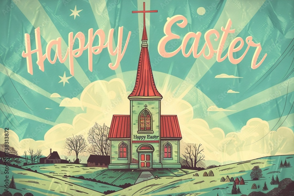 : A vintage-inspired Easter card with a classic illustration of a church steeple and stained glass window bathed in warm sunlight, accompanied by a heartfelt 