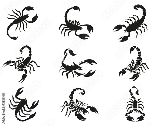 Scorpion set collection, arachnid animal silhouette. poisonous animals vector illustration