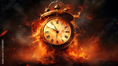 Vintage clock engulfed in flames. Concept of urgency, time running out, deadline pressure, and intense moments.