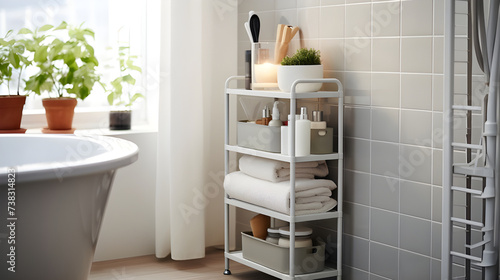 A compact multipurpose storage rack in a bathroom  holding towels  toiletries  and skincare products  optimizing storage in a small space.