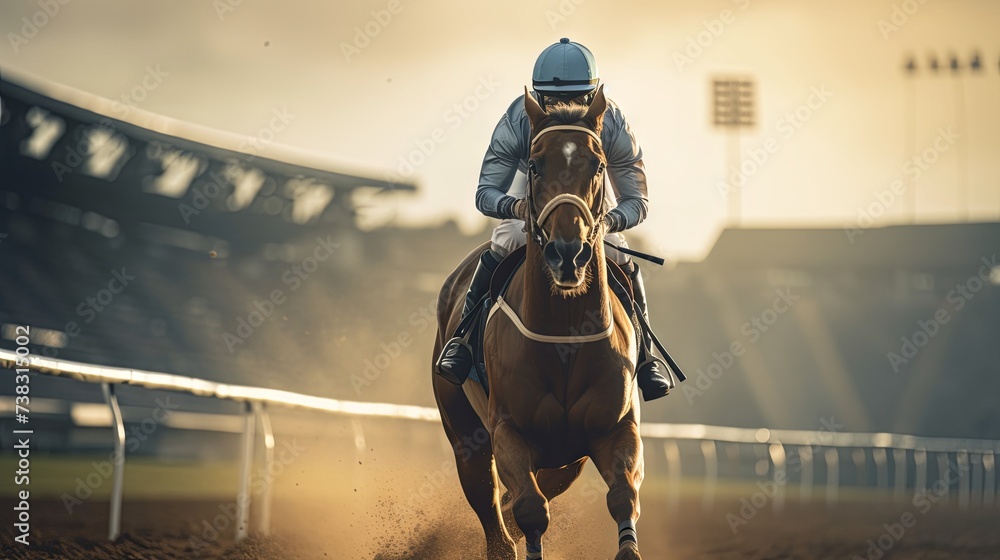 Horse and jockey in intense race competition, dust flying on the racetrack. Concept of equestrian sports, racing speed, stamina, and winning. Copy space - obrazy, fototapety, plakaty 
