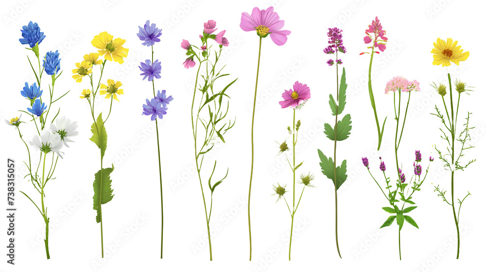Diverse and varied Field wild natural flowers isolated and separated on transparent background. Full plants with flower, leaves and stem.  - obrazy, fototapety, plakaty 