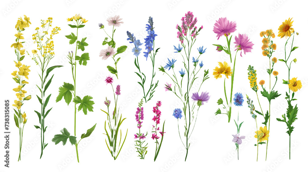 Diverse and variety of  Field wild natural flowers isolated and separated on transparent background. Full plants with flower, leaves and stem. 