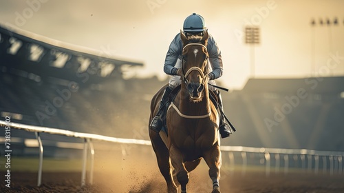 Horse and jockey in intense race competition, dust flying on the racetrack. Concept of equestrian sports, racing speed, stamina, and winning. Copy space photo