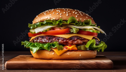 Grilled beef burger with cheese, tomato, and fresh vegetables generated by AI