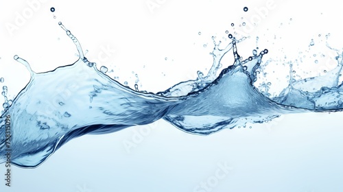 Dynamic splash of clean blue water on white background. High-speed image. Banner. Copy space. Concept of purity, hydration, refreshment, delivery of clean water and cleansing.
