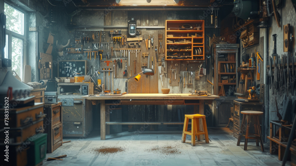 A neatly organized workshop with a carpenter's bench, woodworking tools, and sawdust on the floor