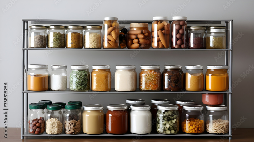 A sleek multipurpose storage rack in a pantry, efficiently organizing canned goods, spices, and baking supplies for meal prep and cooking. 