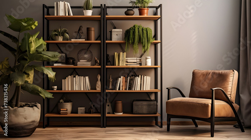 A stylish multipurpose storage rack in a living room, elegantly displaying books, plants, and decorative items to enhance the space. 