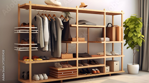 A space-saving multipurpose storage rack in a small apartment, efficiently storing shoes, bags, and other accessories in a compact design. 
