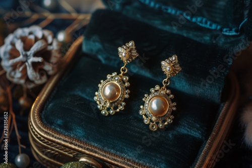 Golden earrings on a velvet jewelry box